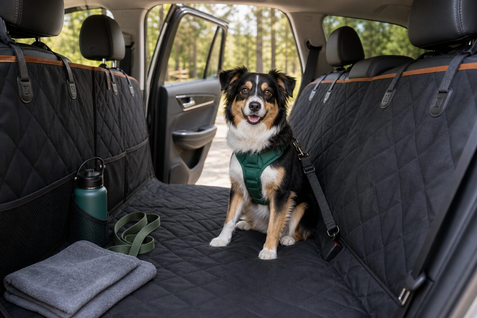 Dog sitting on a quilted back seat cover set up for a road trip