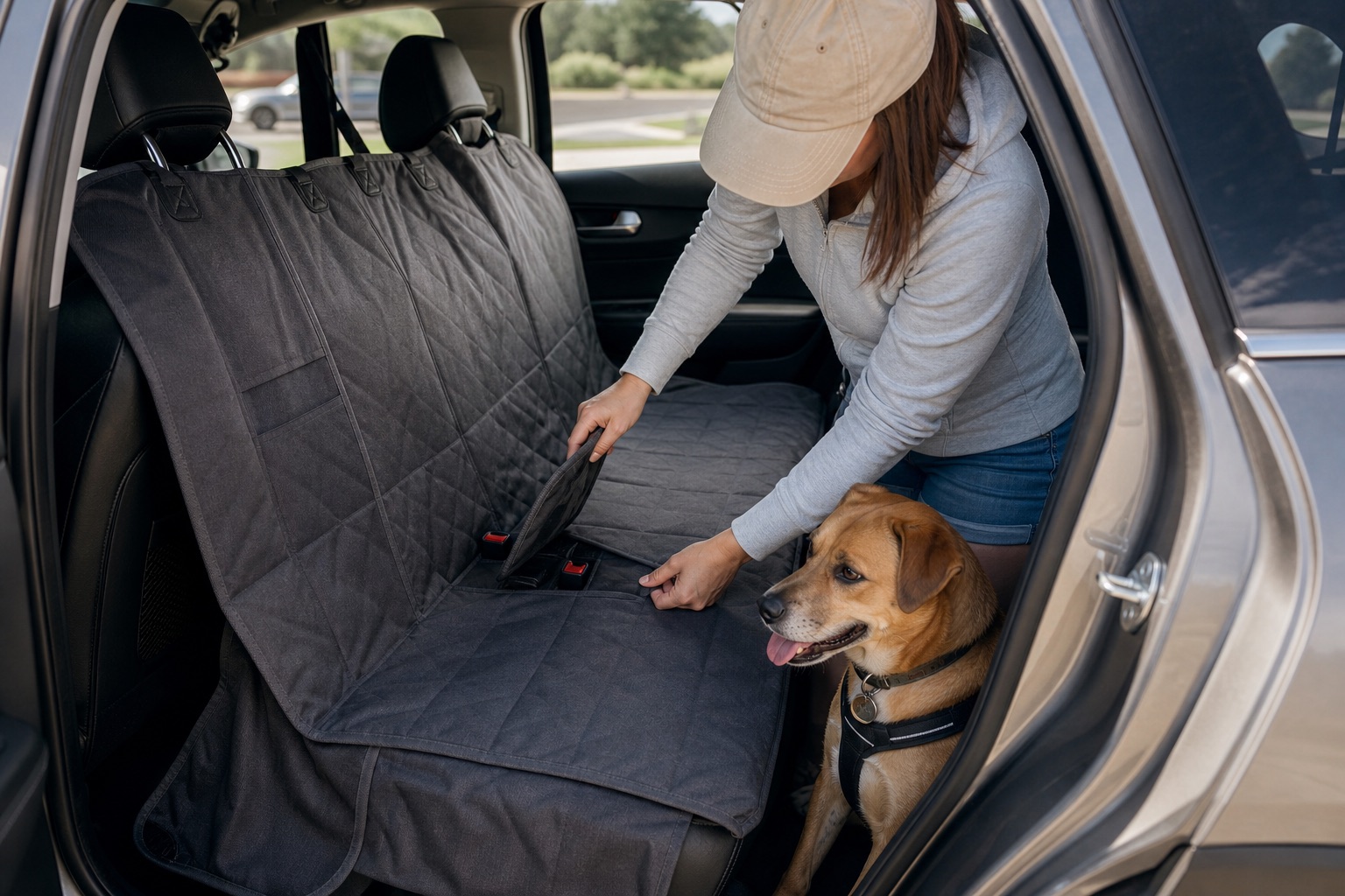 Dog owner adjusting a rear seat dog cover while a tan dog waits beside the open car door