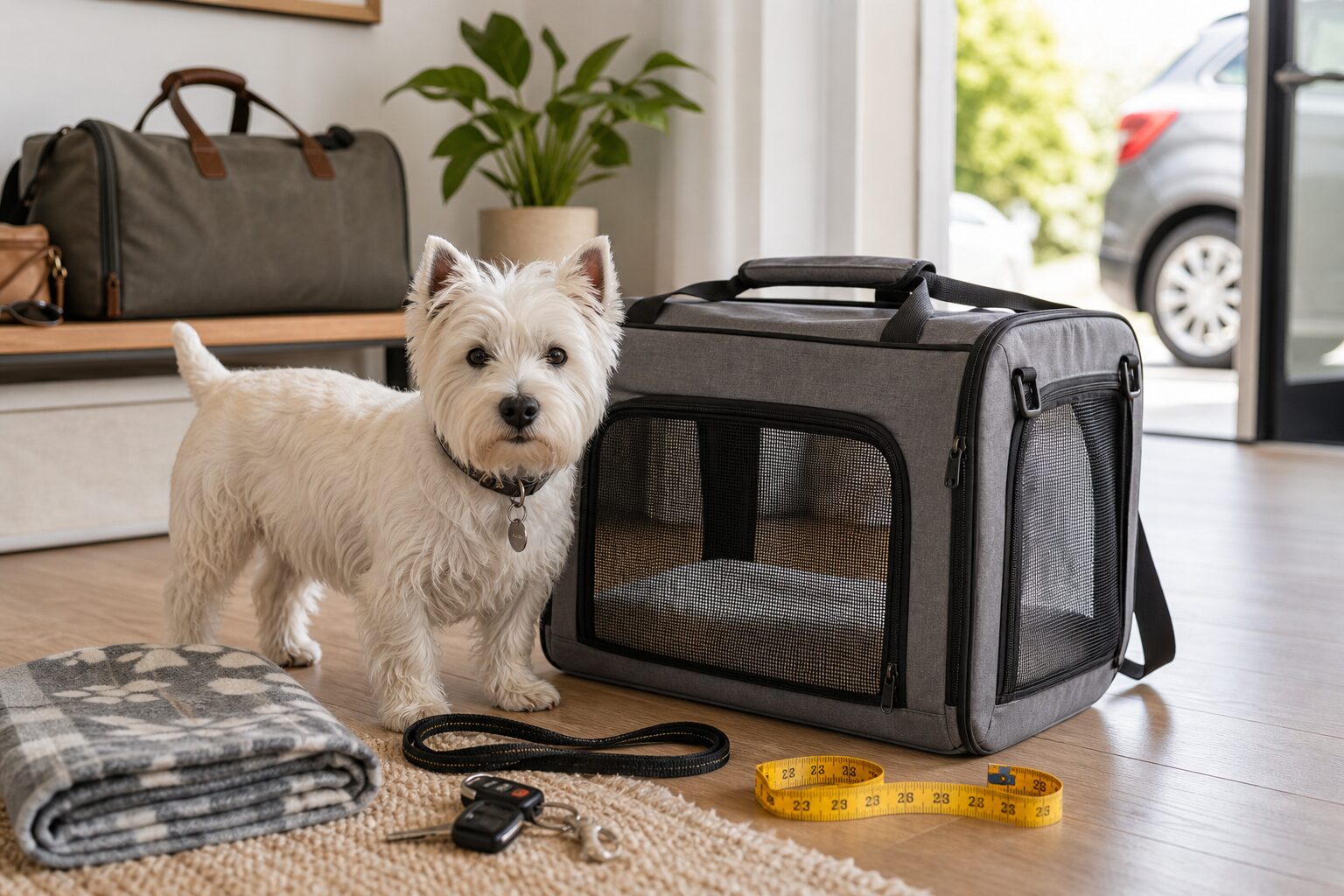 Small white dog standing beside a soft-sided travel carrier with a measuring tape nearby