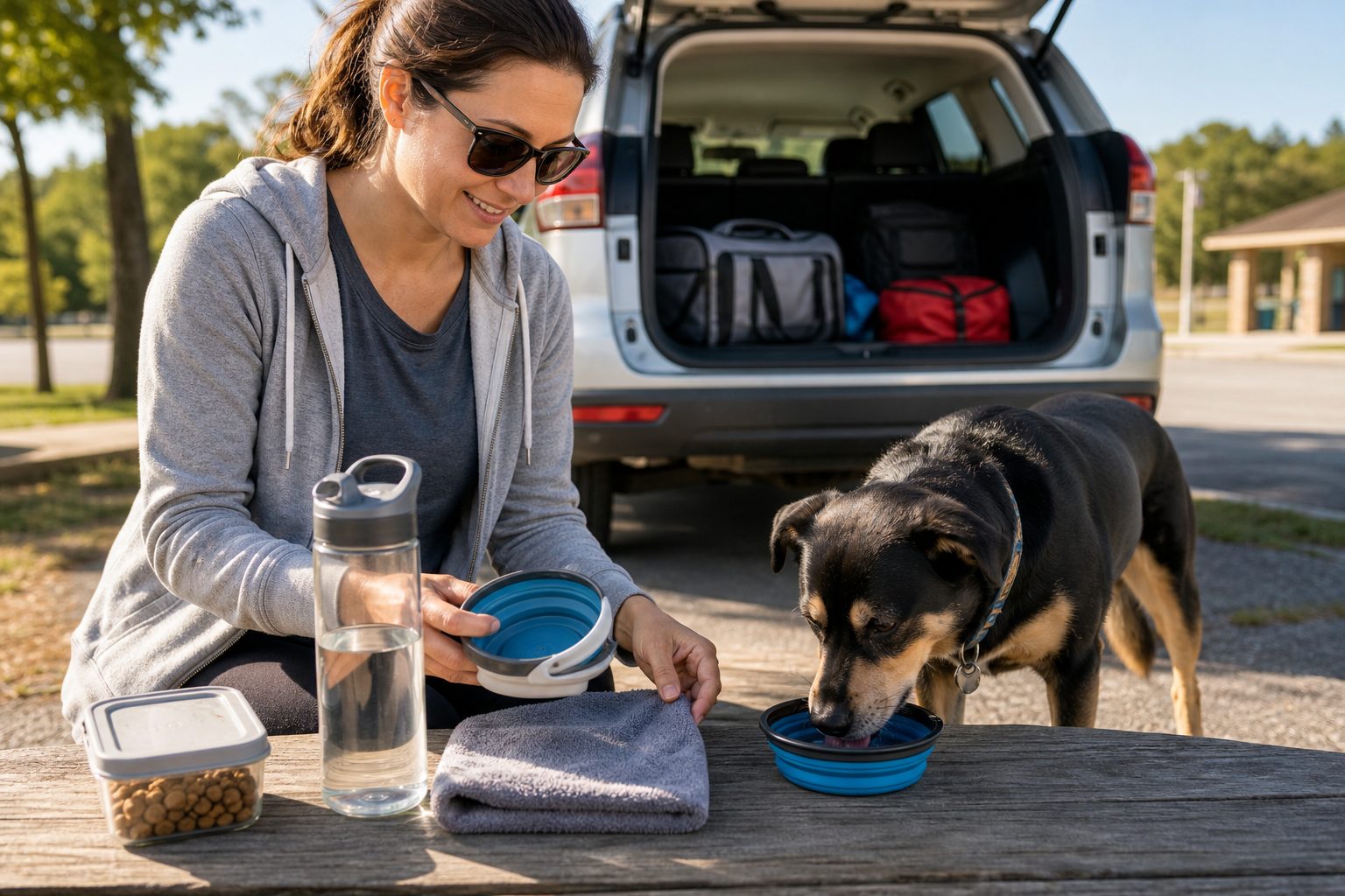 Dog owner setting out dog travel bowls and water beside an open SUV while a dog drinks at a rest stop