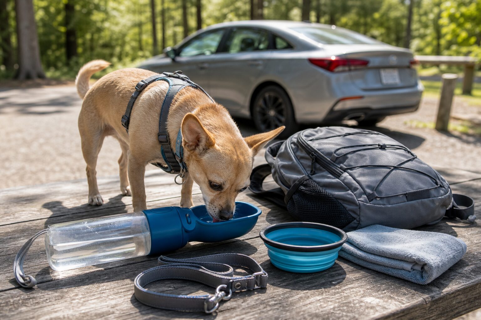 Small dog drinking from a blue travel water bottle at a sunny trailhead