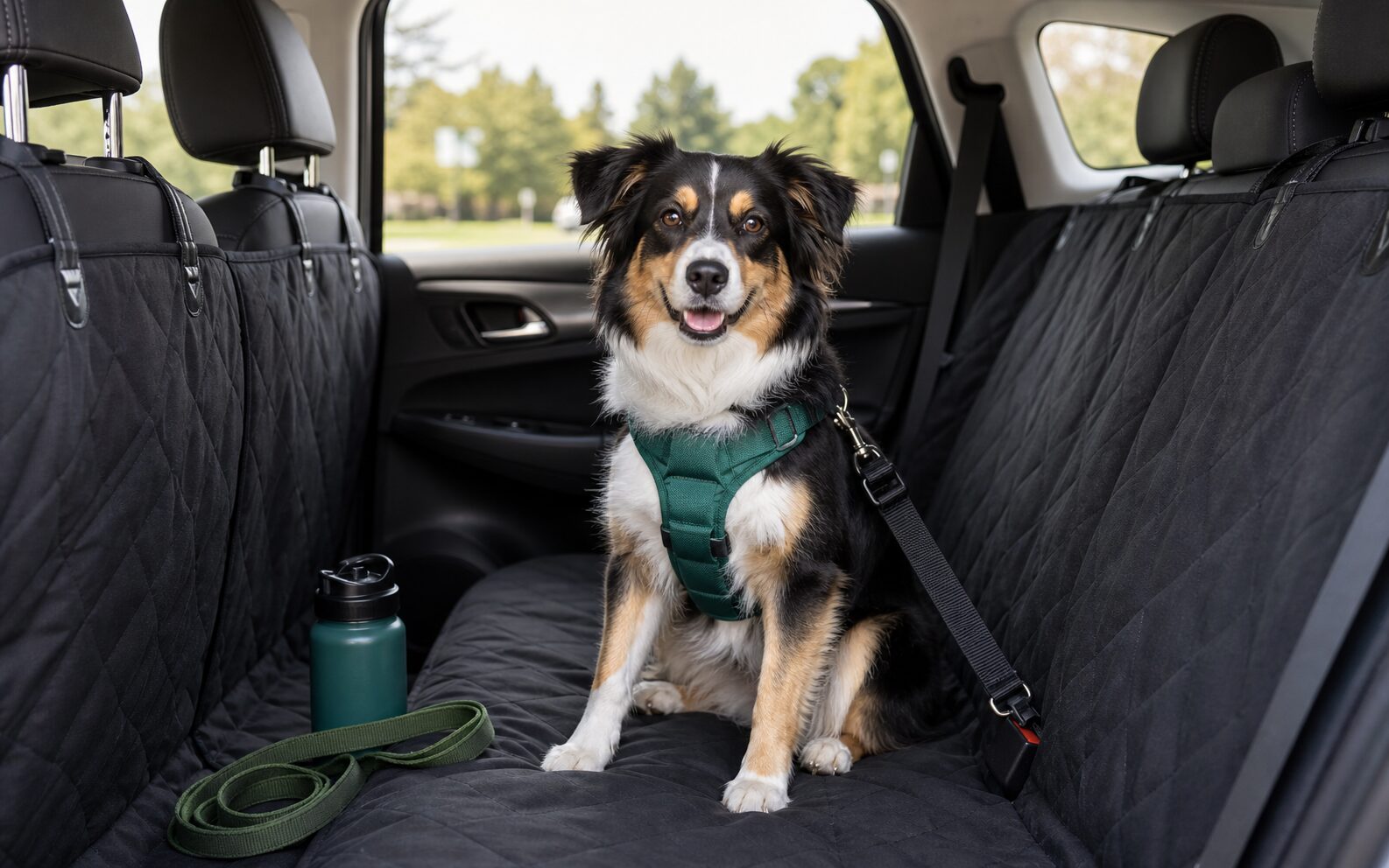 Dog secured in the back seat with car travel gear