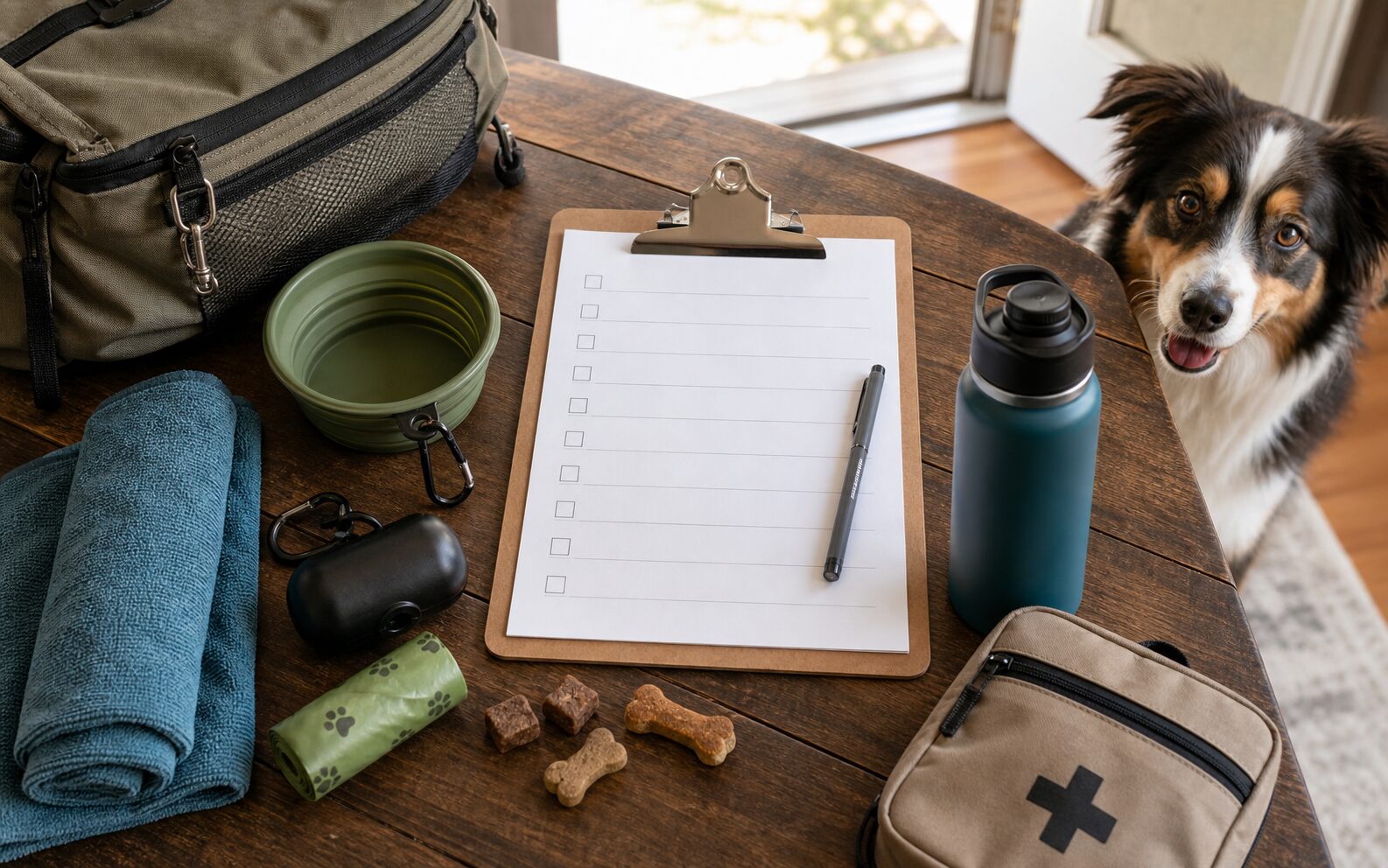 Dog travel checklist with packed travel essentials