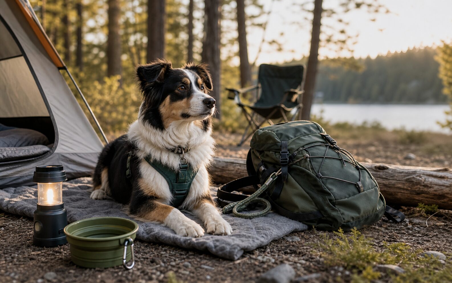 Dog resting at a campsite with outdoor travel gear