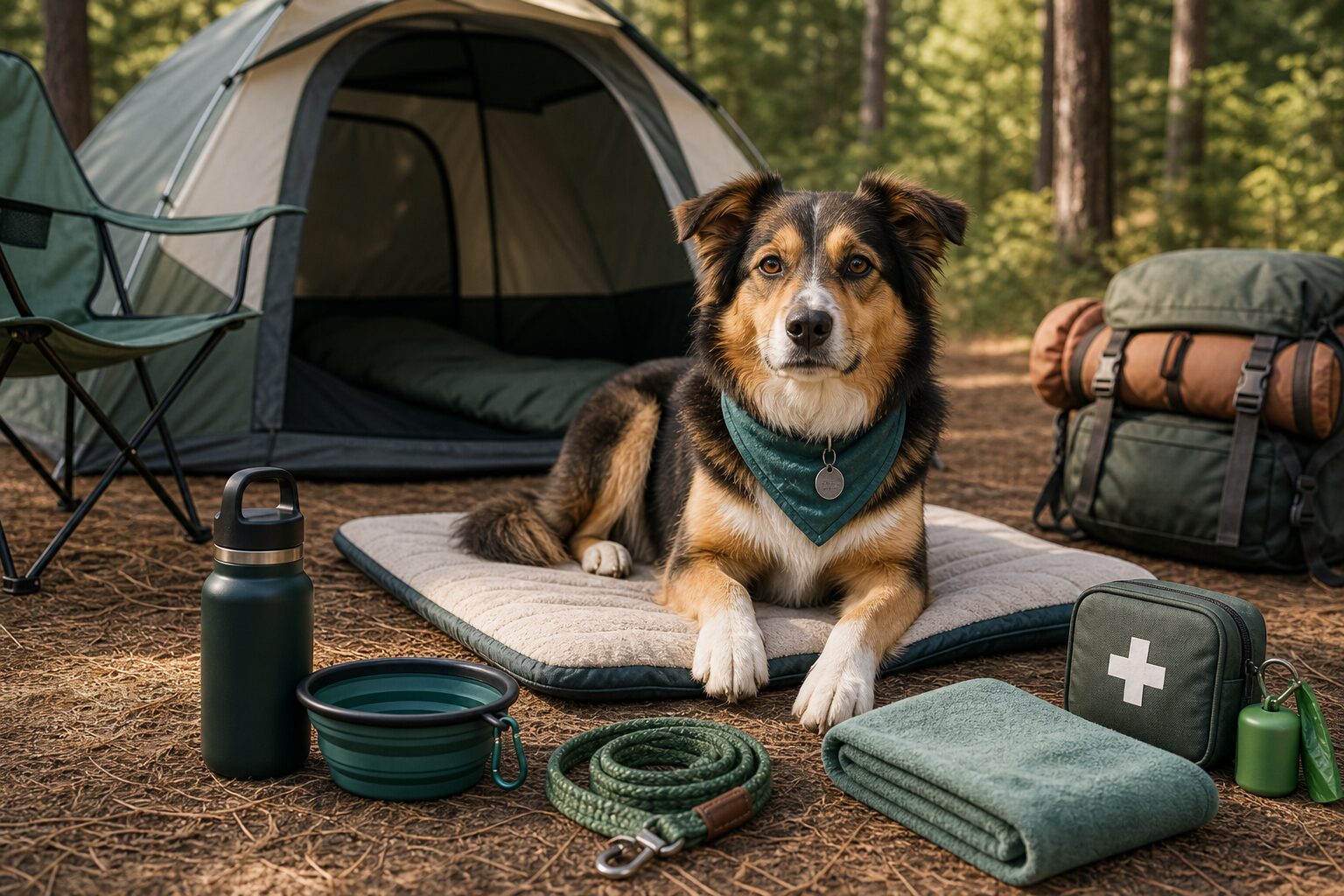 Dog camping essentials arranged at a tidy campsite