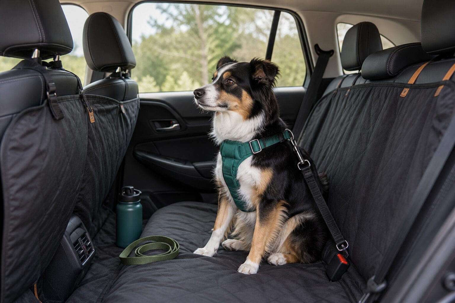 Dog safely secured in the back seat of a car with a travel harness