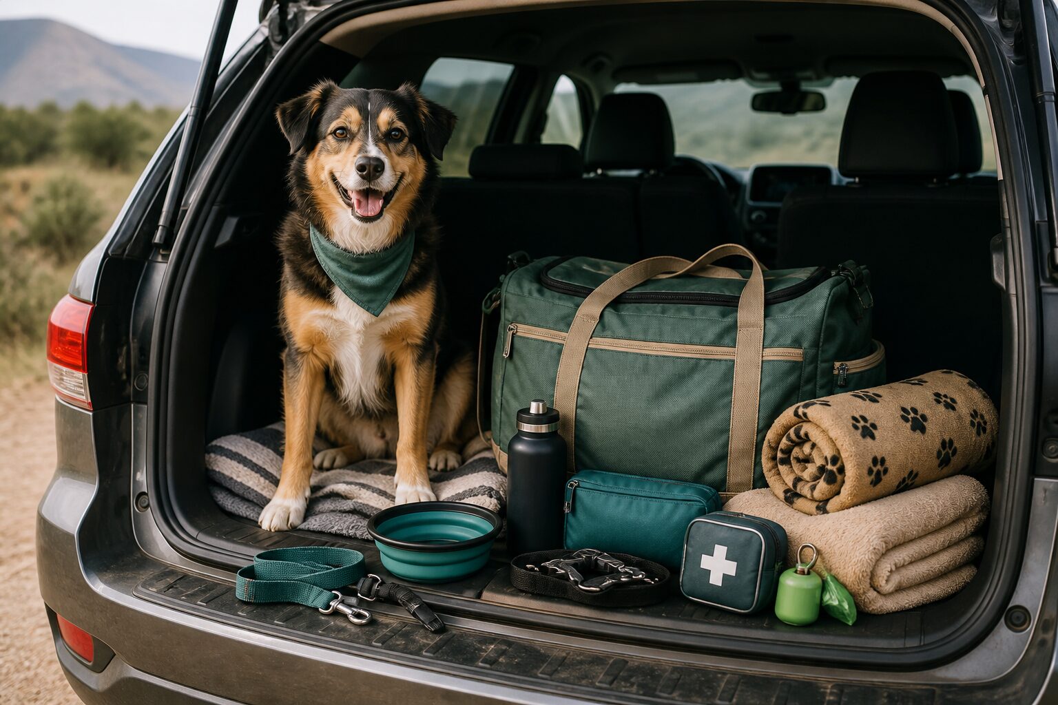 Dog road trip gear packed near an open SUV trunk