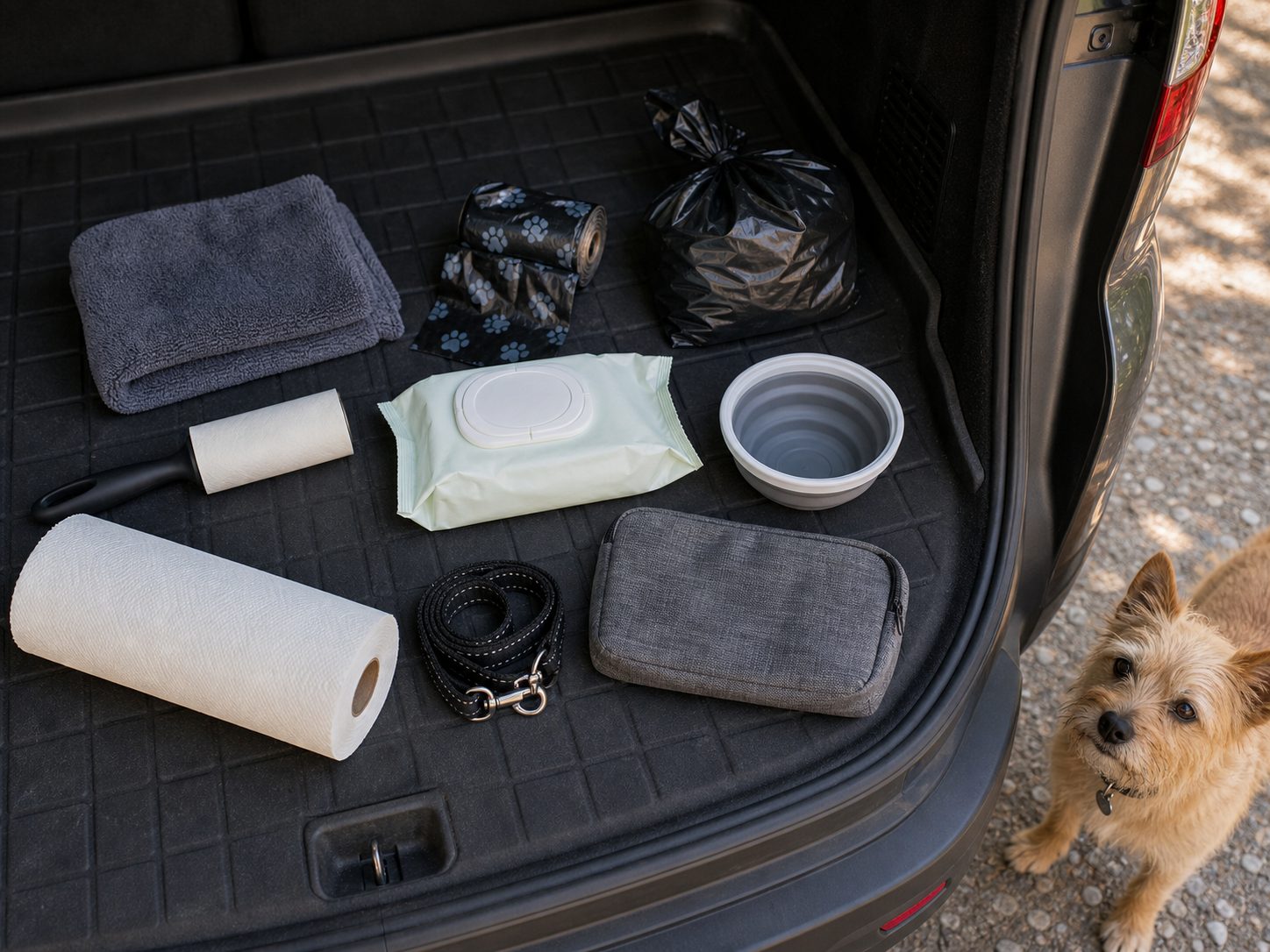Dog road trip cleanup kit with towel wipes bags bowl and lint roller in an SUV cargo area