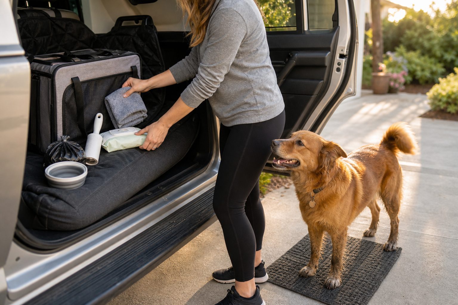 Dog owner organizing a road trip cleanup kit beside an open SUV while a muddy dog waits nearby