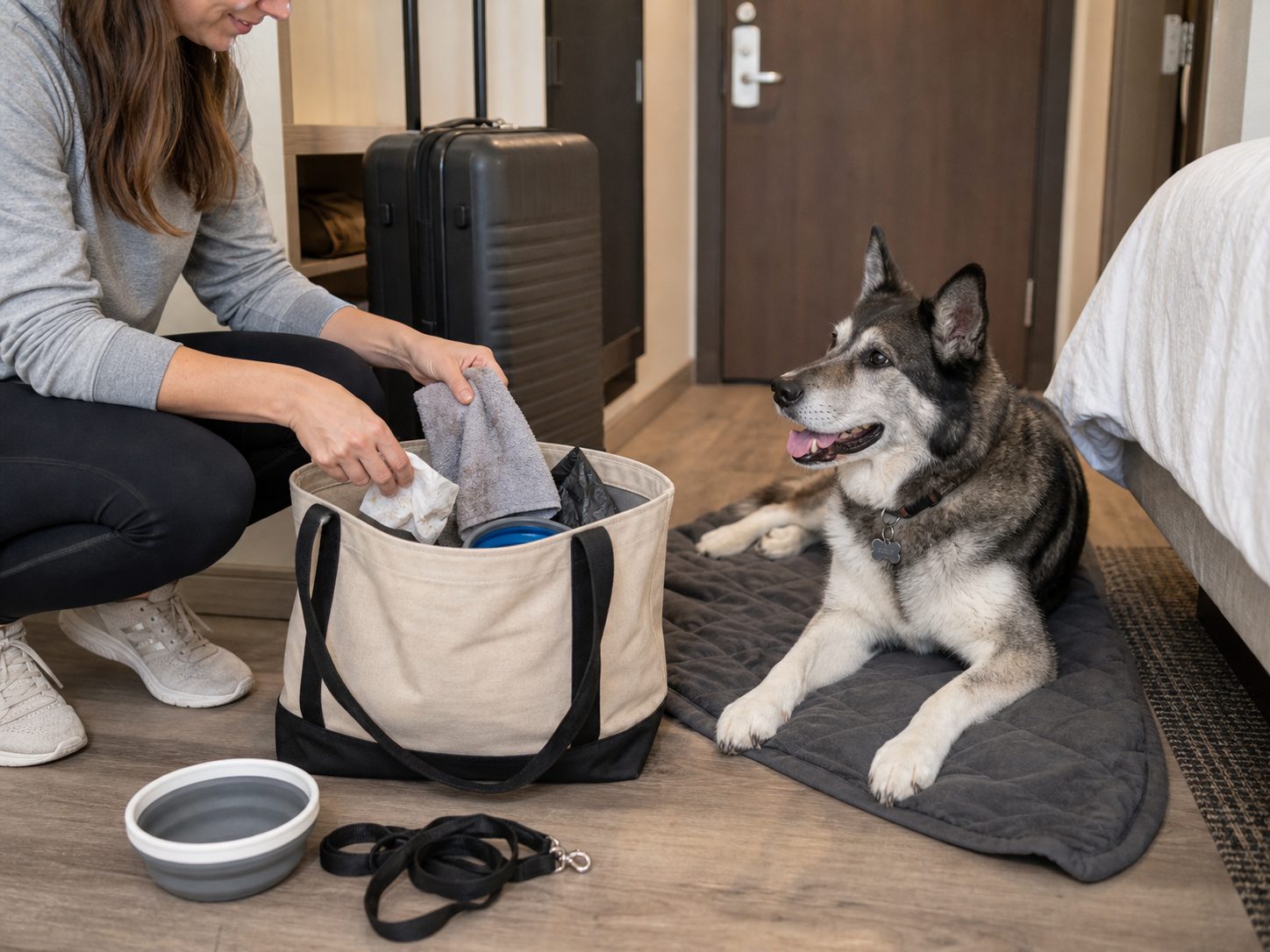 Dog owner separating dirty towels and wipes into a tote in a dog-friendly hotel room