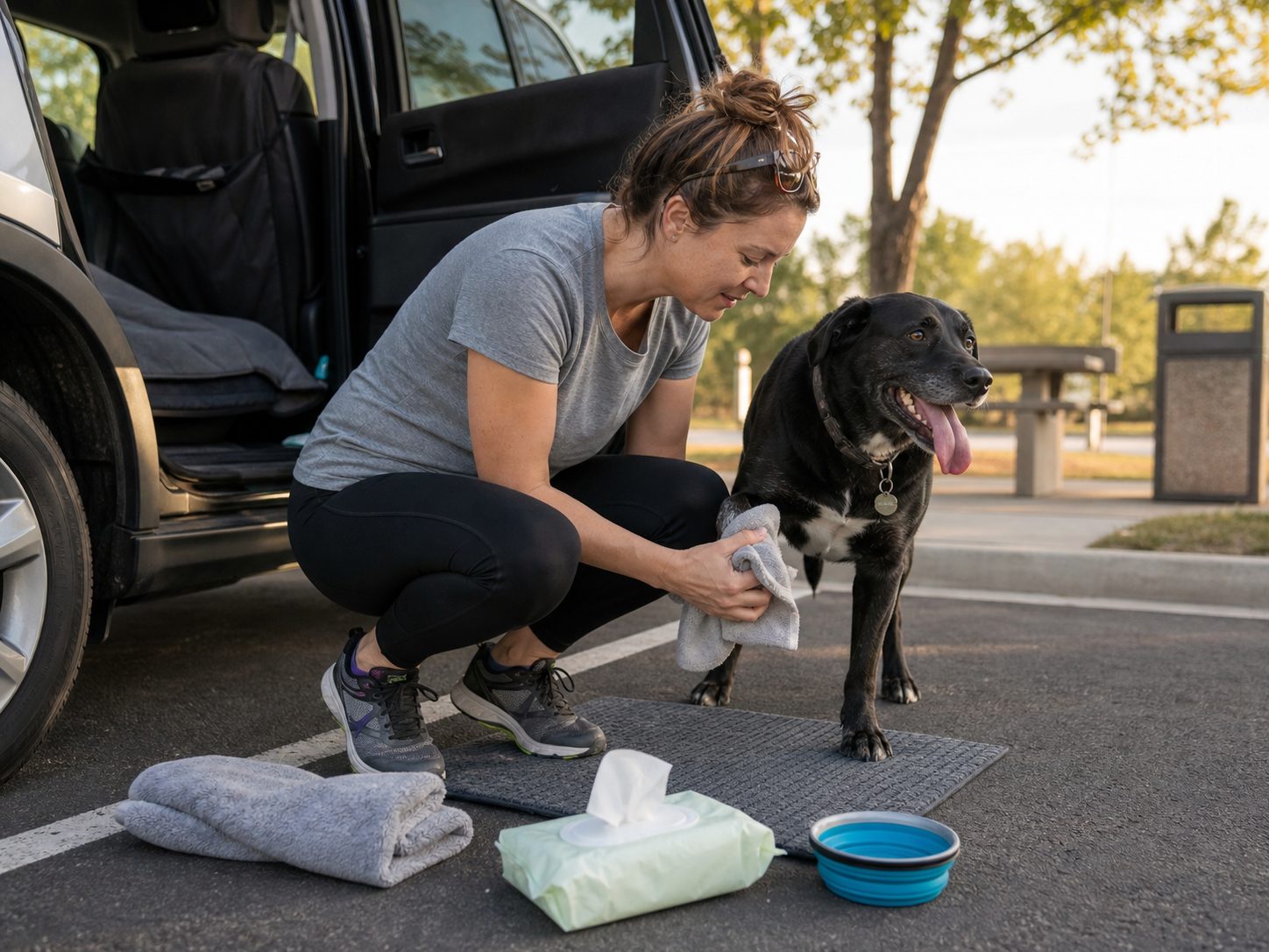 Dog owner wiping muddy dog paws beside an open SUV at a rest stop