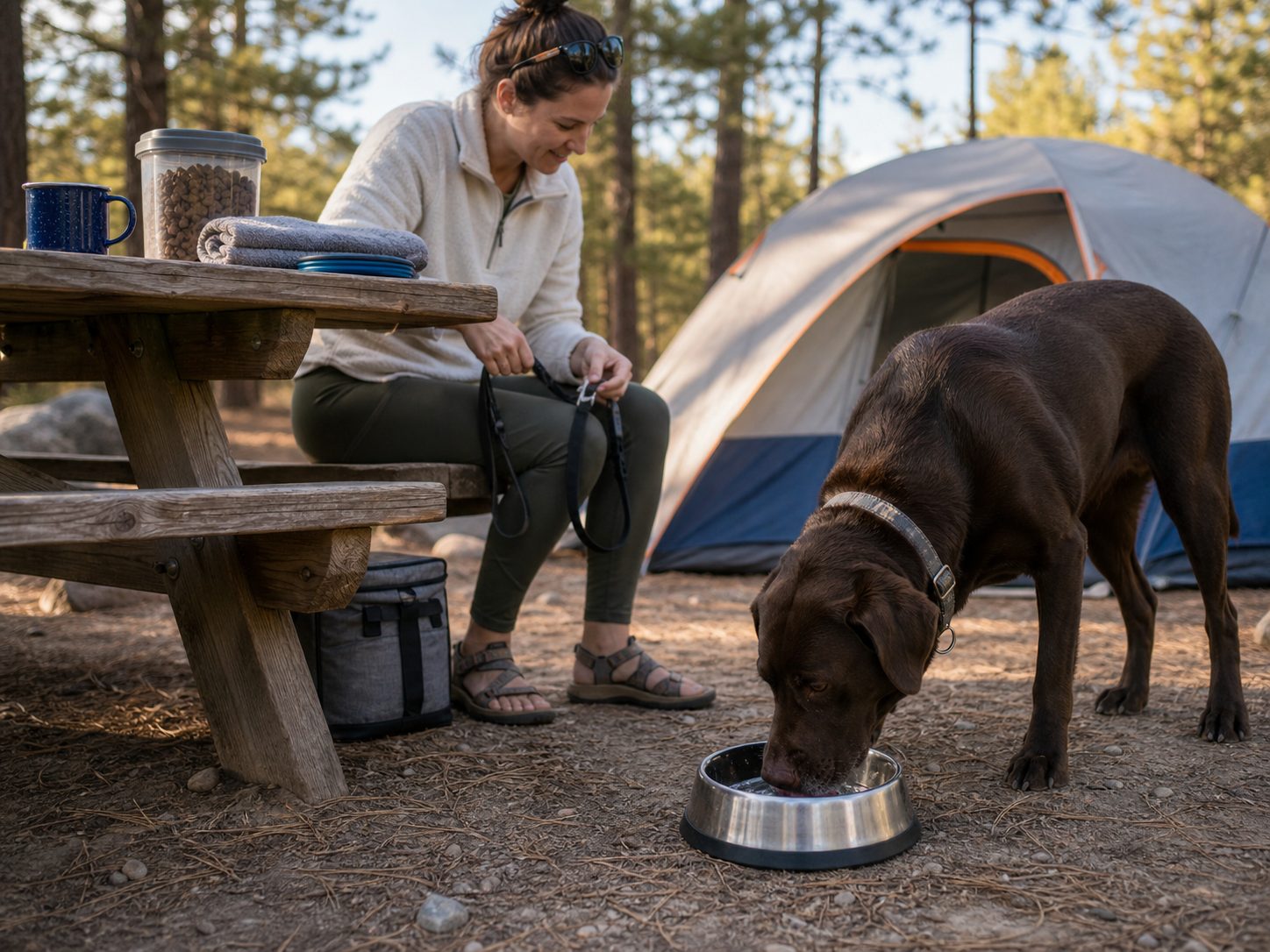 Large dog drinking from a sturdy travel bowl at a campsite while the owner organizes dog gear nearby