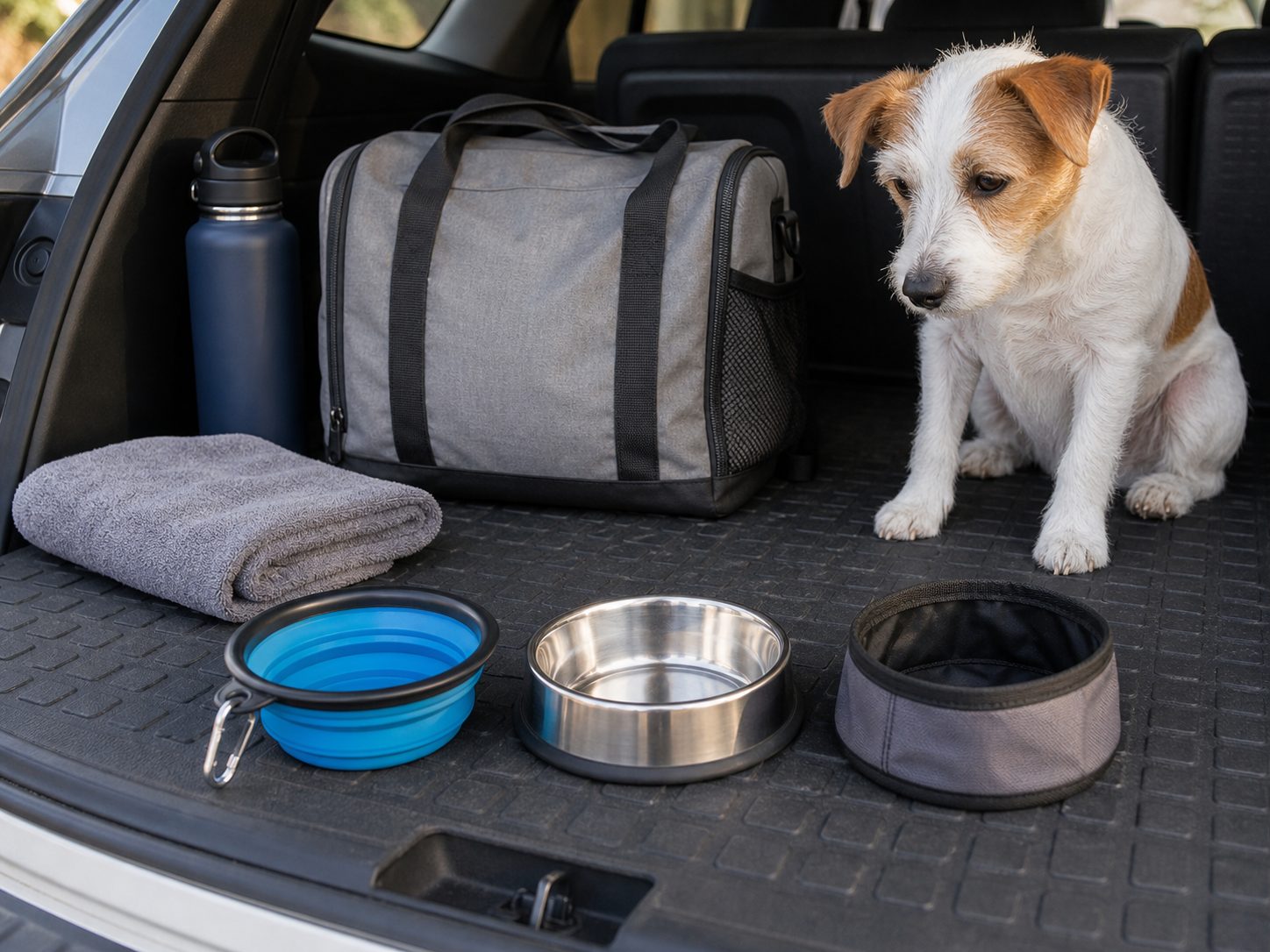 Dog travel bowl types arranged in an SUV cargo area with a small terrier nearby
