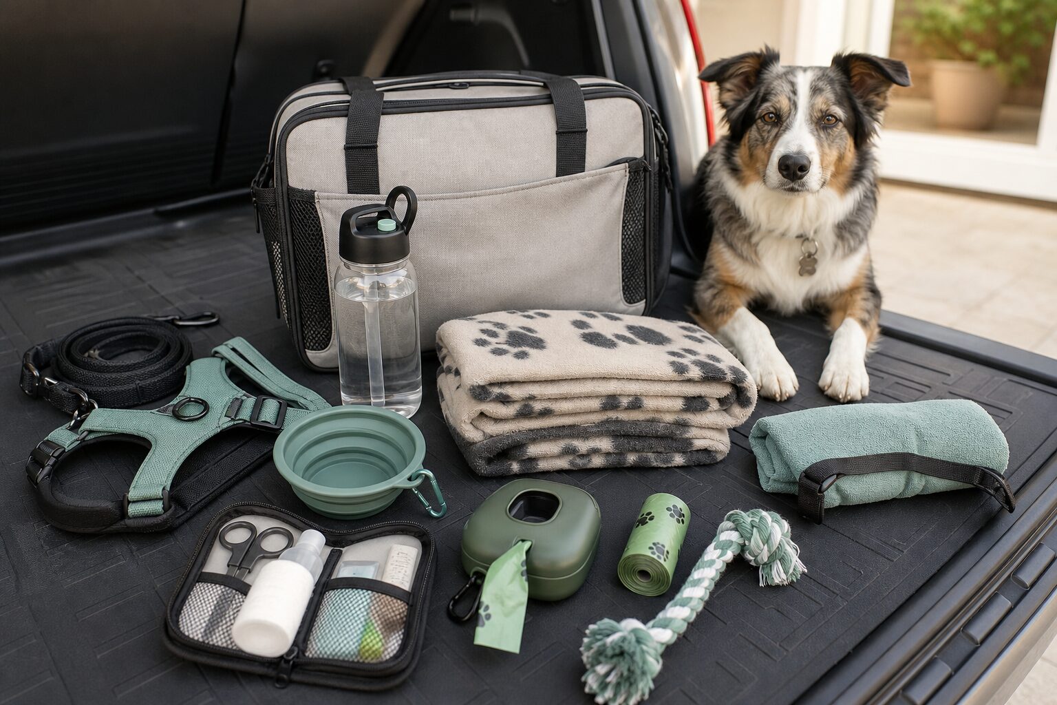 Organized dog travel essentials including leash, bowl, water bottle, blanket, and travel bag