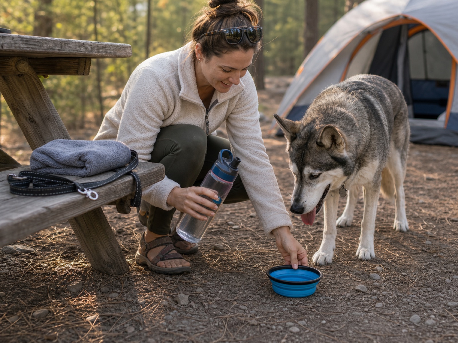 Dog owner at a campsite holding a travel bottle while setting down a collapsible bowl for a large gray dog near a tent