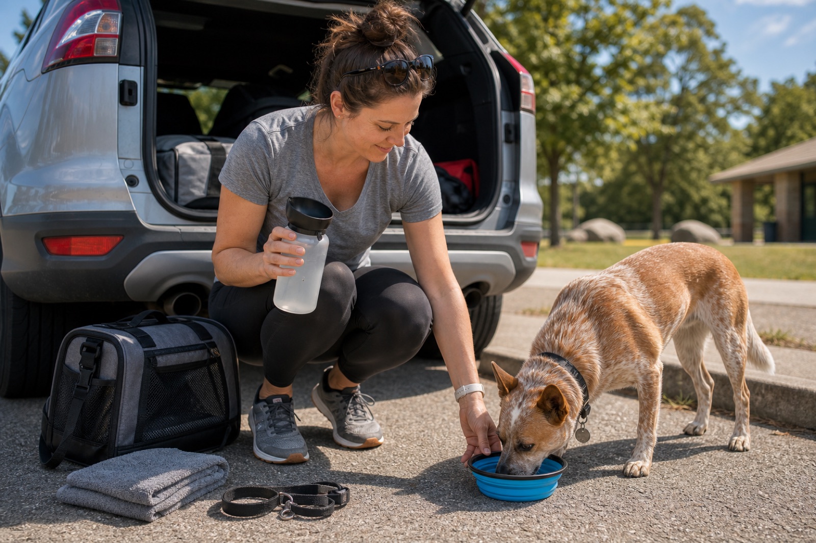 Dog owner offering water at a roadside stop with a travel bottle and collapsible bowl beside an SUV