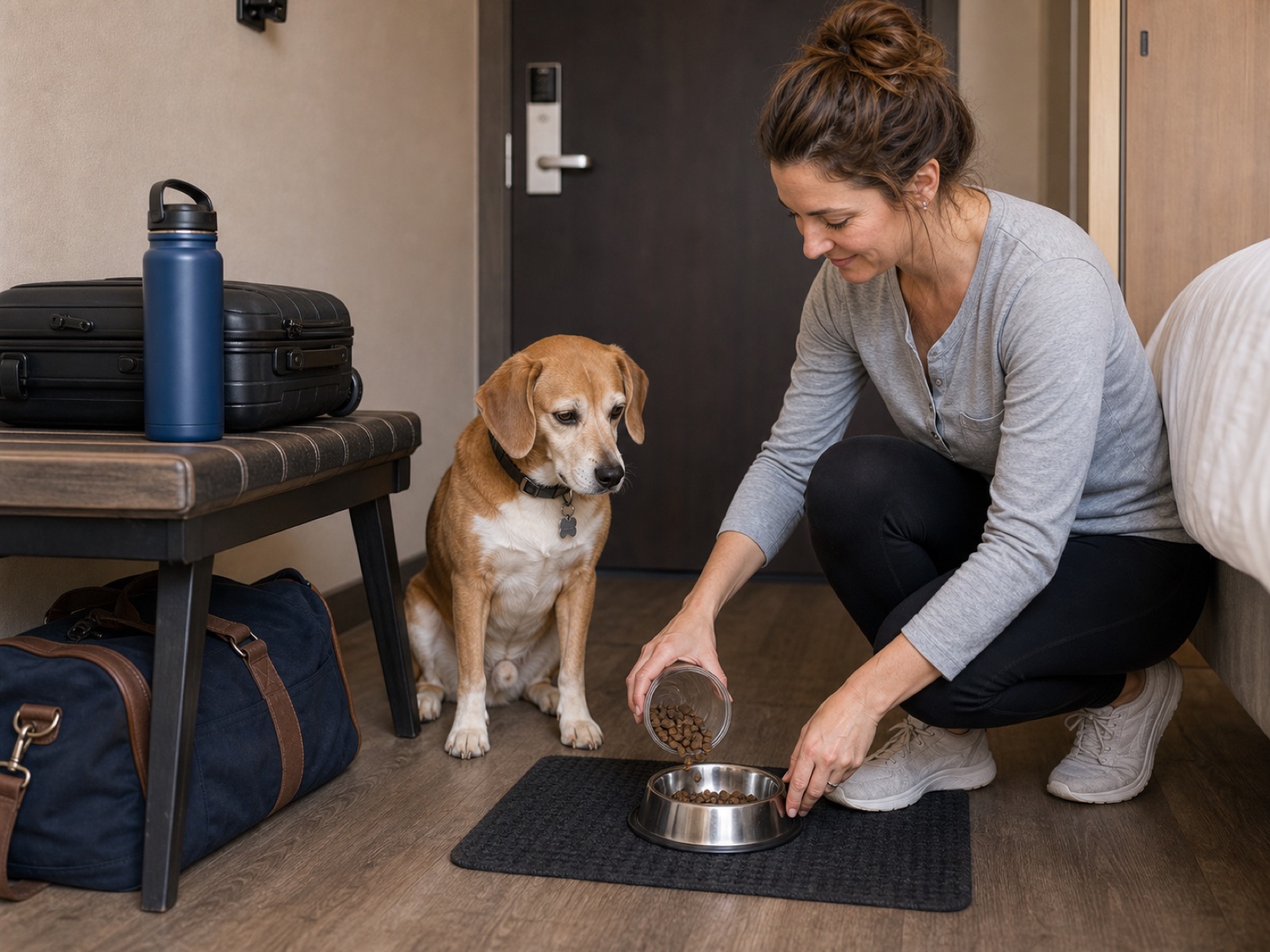 Dog owner setting down food in a stainless bowl on a hotel room mat while a tan dog waits beside a travel bag