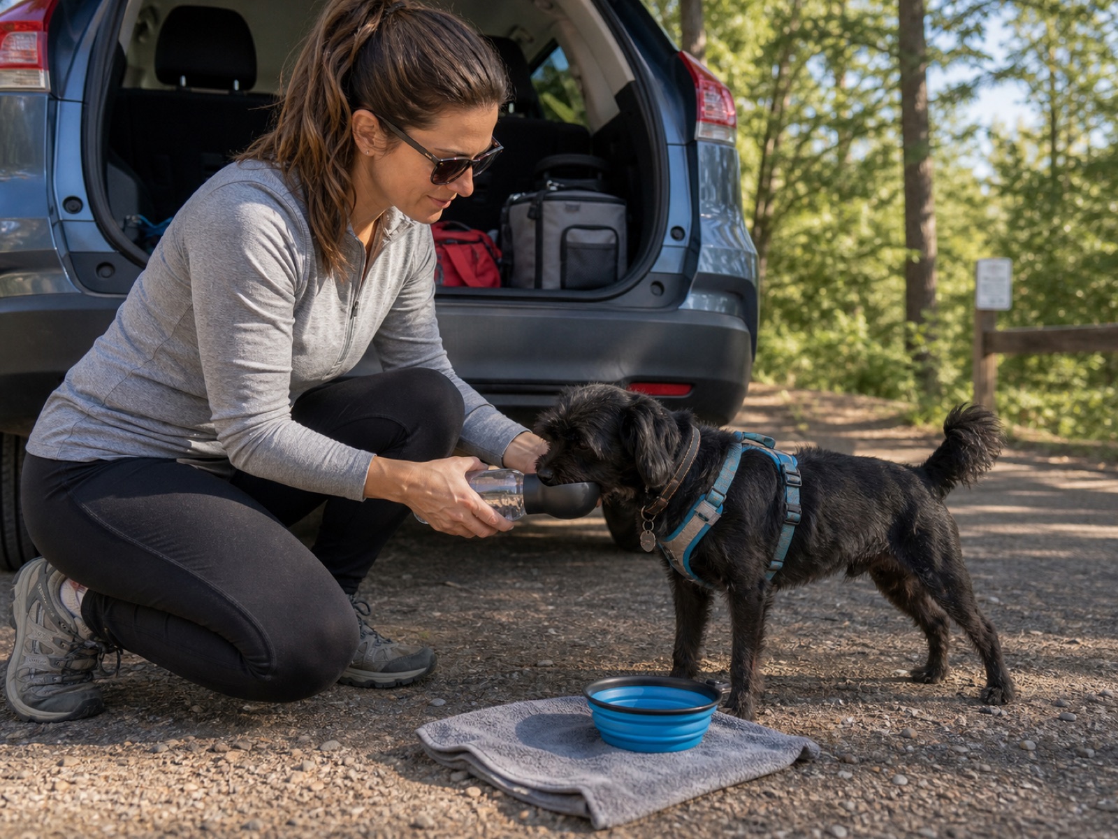 Dog owner offering water from a travel bottle during a quick stop while a small black dog stands beside an SUV
