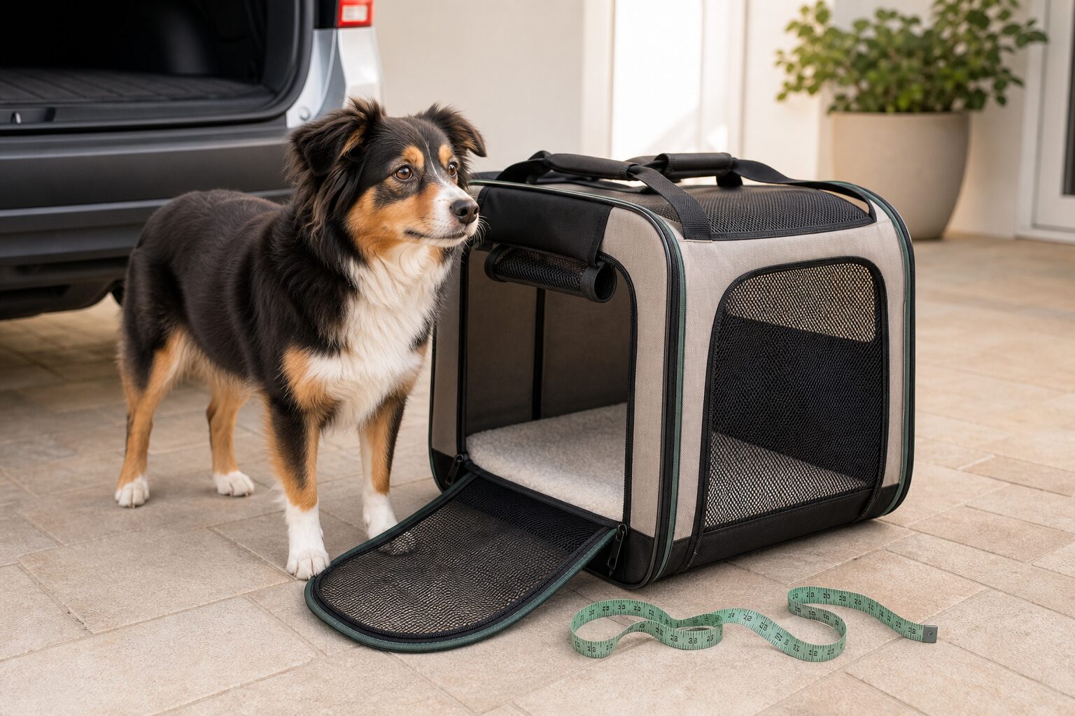 Dog standing beside an open travel carrier with a measuring tape nearby