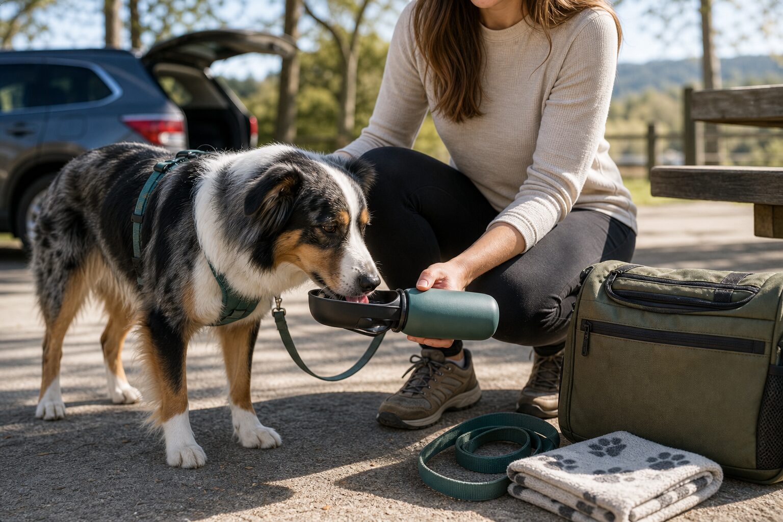 Dog drinking from a travel water bottle during an outdoor stop