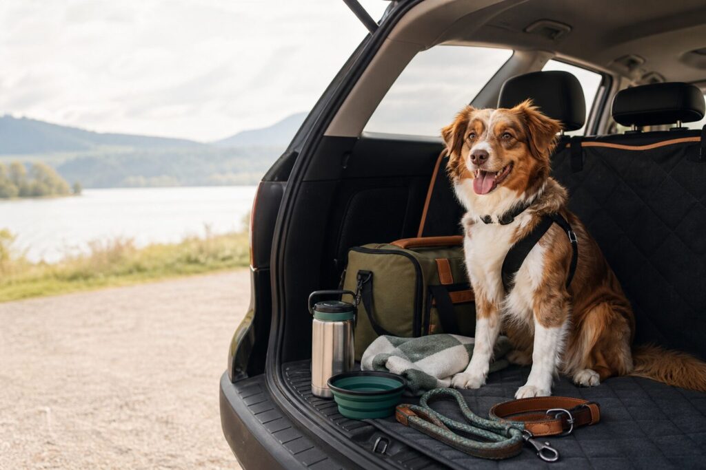 Dog travel gear packed in a car for a road trip