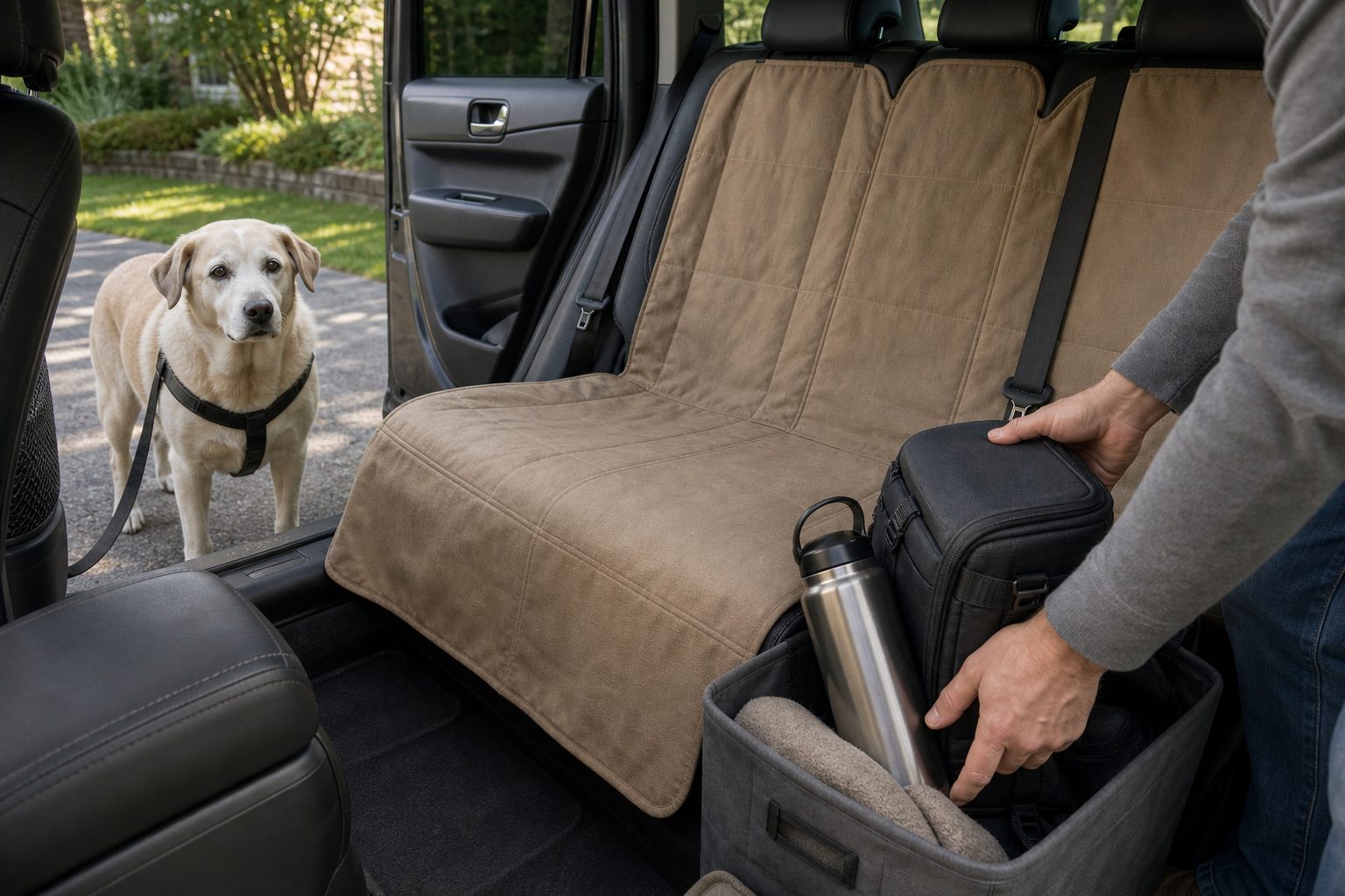 Dog owner moving hard gear out of the back seat before a road trip