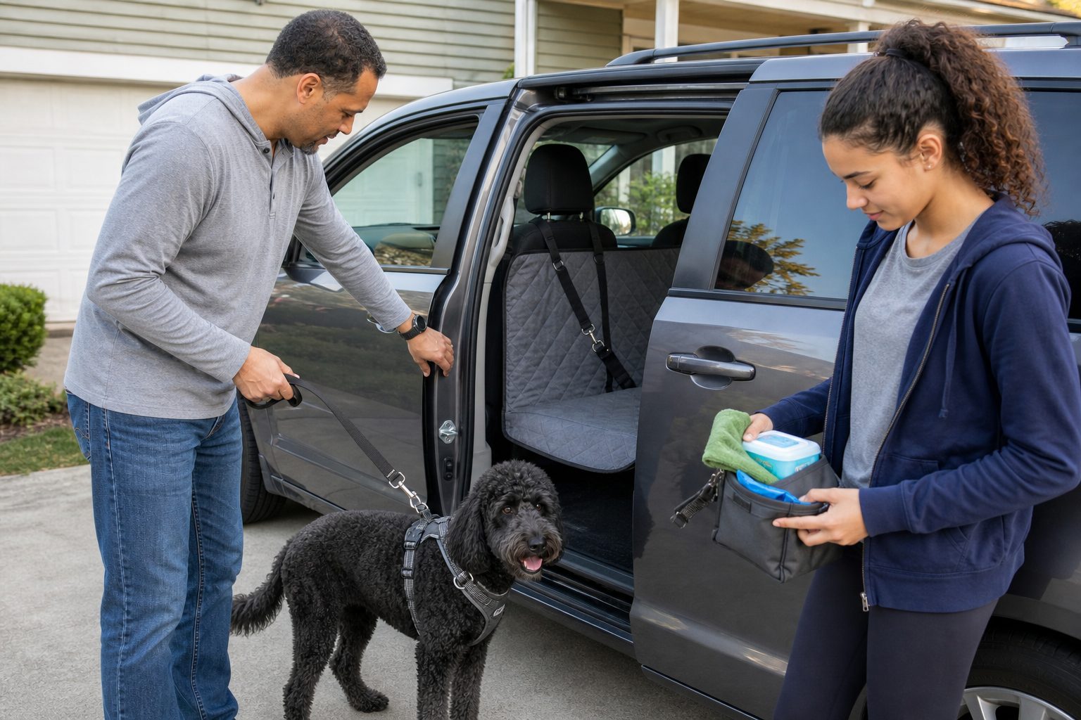 Family doing a final door test with a harnessed dog before a road trip