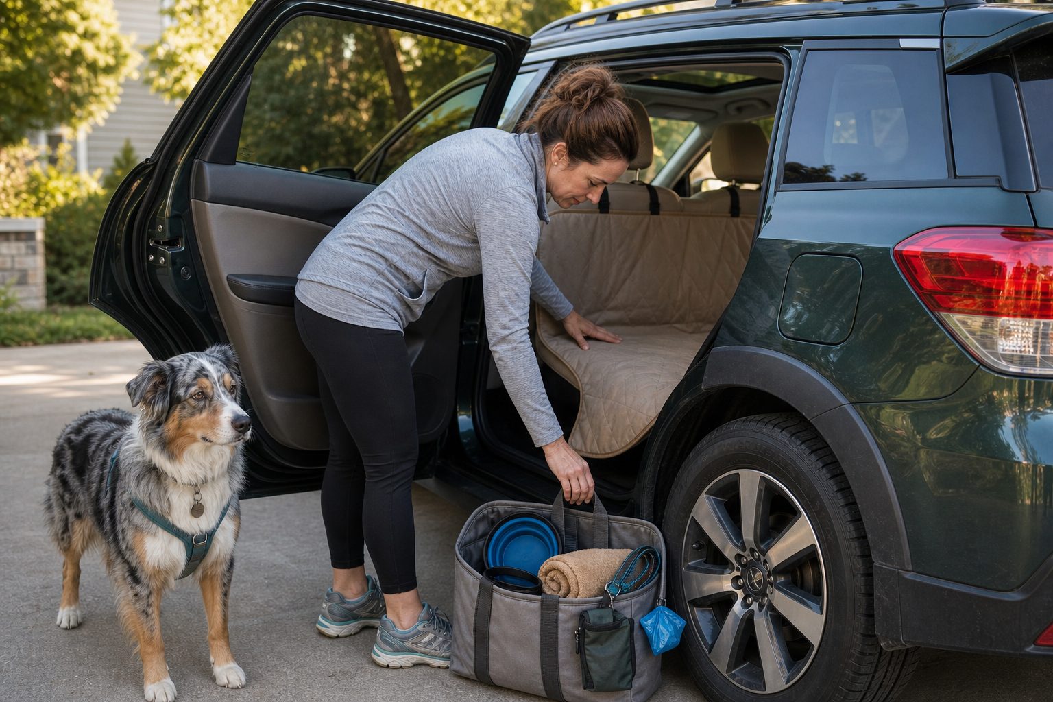 Dog owner setting up a tan rear seat cover and simple travel tote beside a wagon before a dog road trip