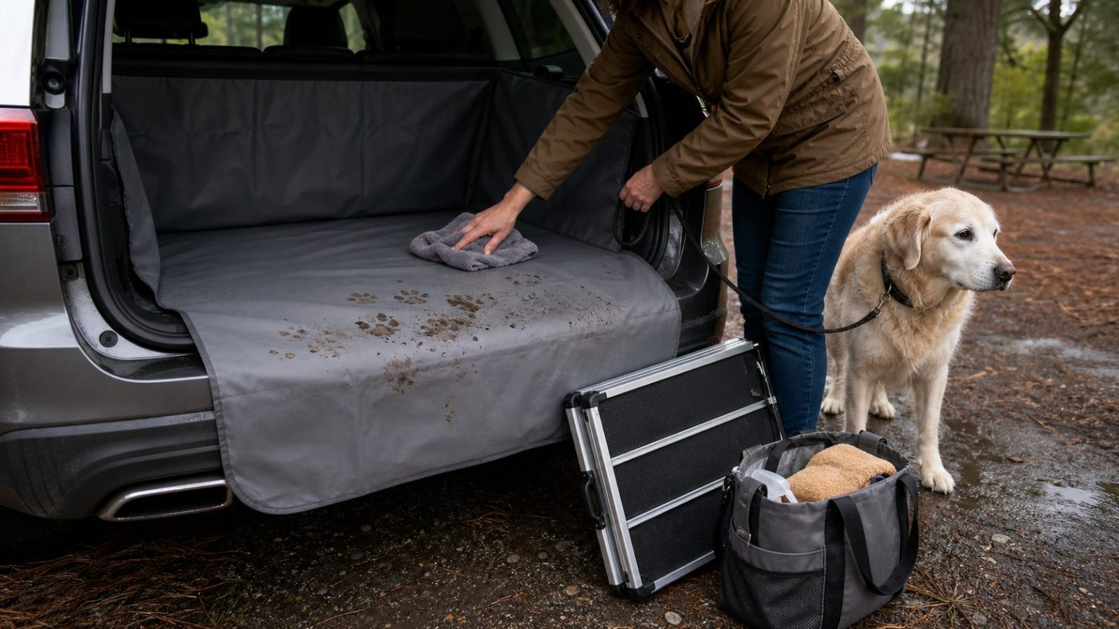 Dog owner wiping muddy paw marks from a waterproof SUV cargo liner at a rainy rest area