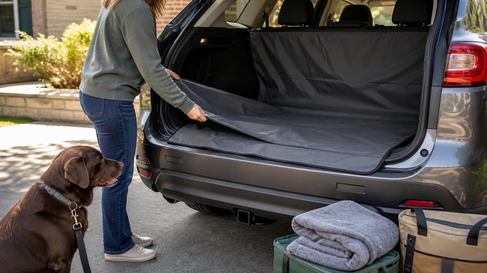 Dog owner spreading a waterproof cargo liner in the back of an SUV while a large dog waits beside the bumper
