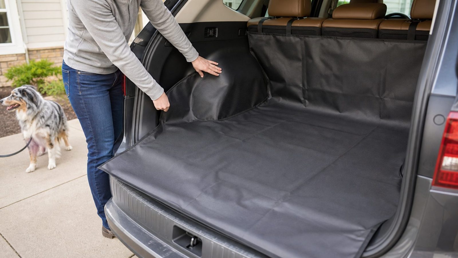 Dog owner checking how a waterproof SUV cargo liner fits around the wheel well and rear seat backs