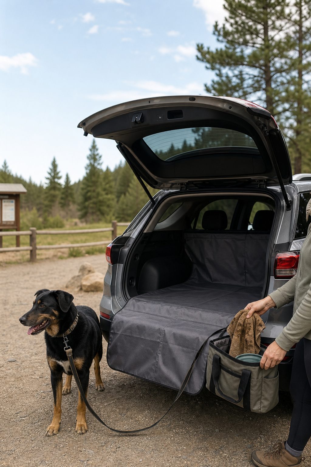 Dog owner loading a muddy towel and dog bowl into an SUV with a cargo liner and bumper flap