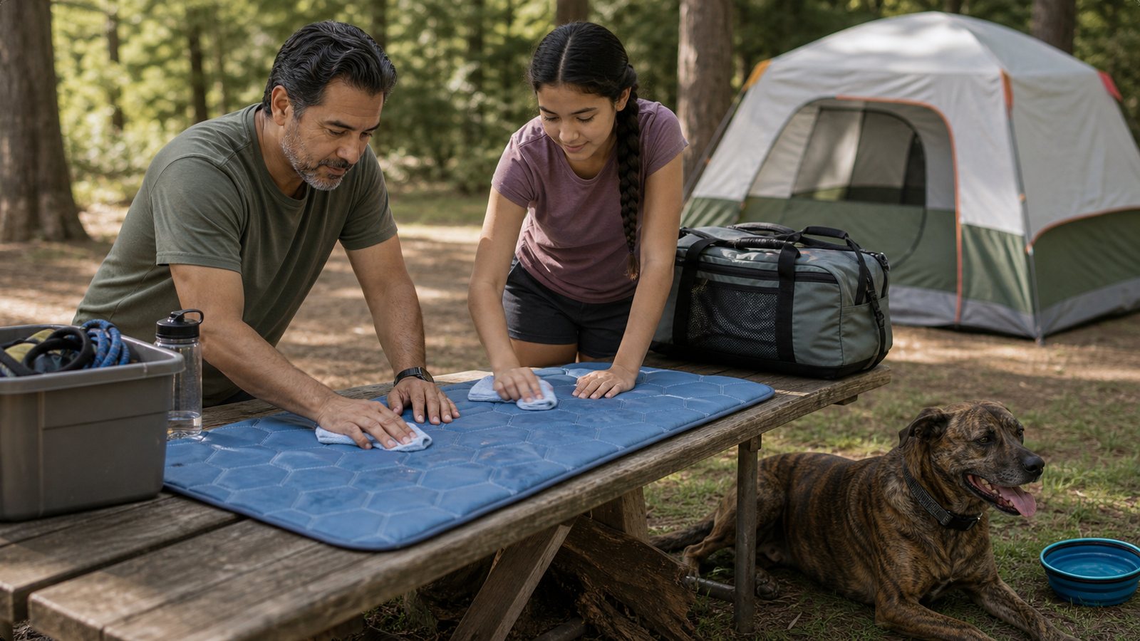 Family wiping down a dog cooling mat at a campground picnic table while their dog rests nearby