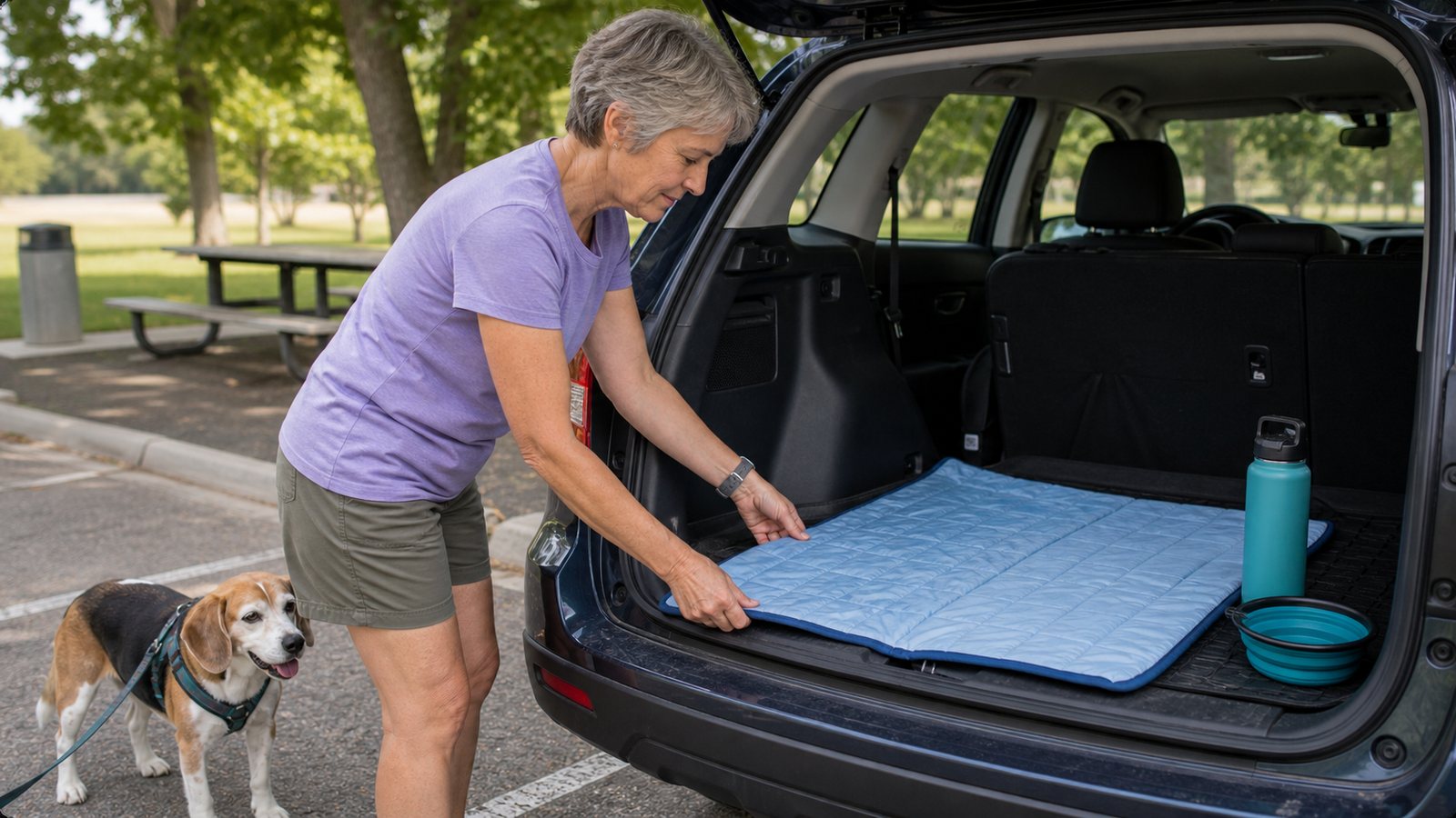 Dog owner setting a cooling mat in the cargo area of a car during a shaded rest stop