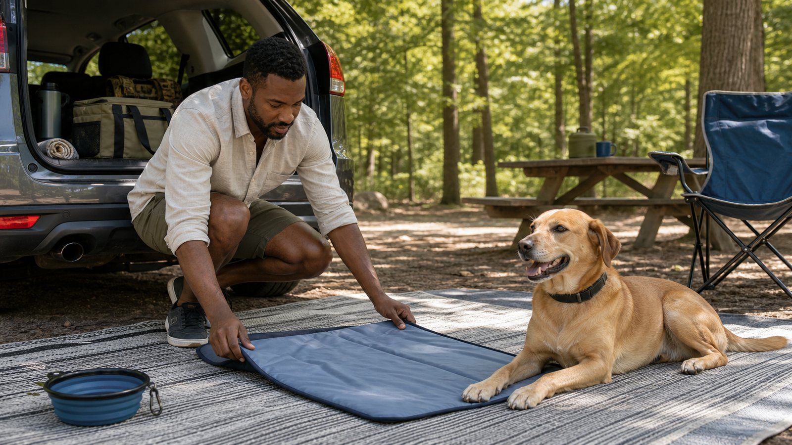 Dog owner placing a blue cooling mat in the shade beside an SUV while a dog rests nearby at a campsite