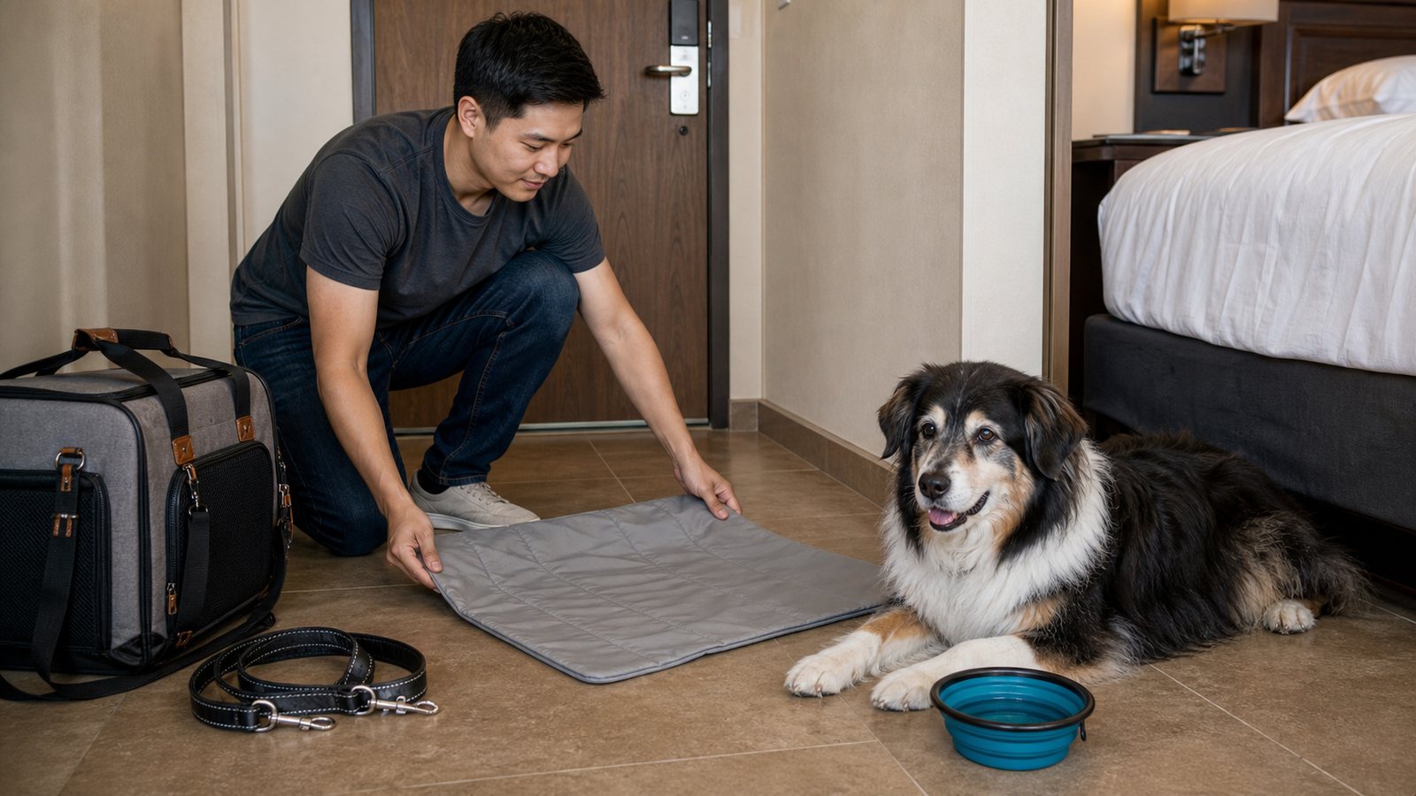 Dog owner setting a cooling mat on a hotel room floor while a senior dog rests nearby