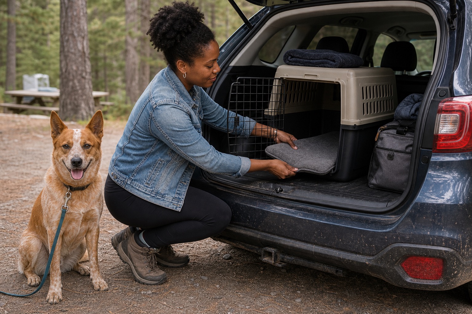 Dog owner placing a washable gray crate pad inside a travel crate in the cargo area of an SUV at a campground
