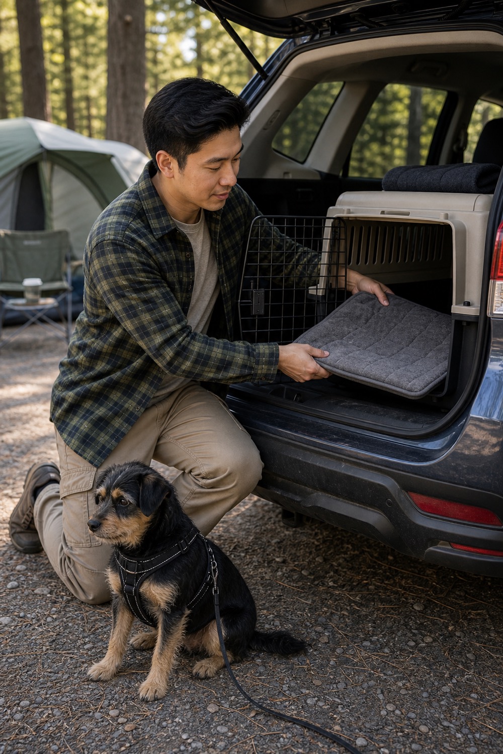 Dog owner placing a washable gray crate pad into a travel crate beside an SUV at a campsite