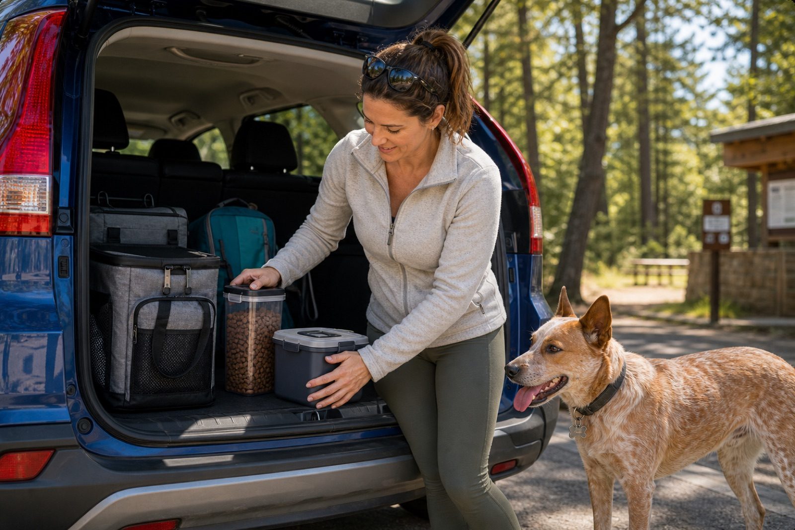 Dog owner packing an airtight dog food container into an SUV cargo area before a road trip