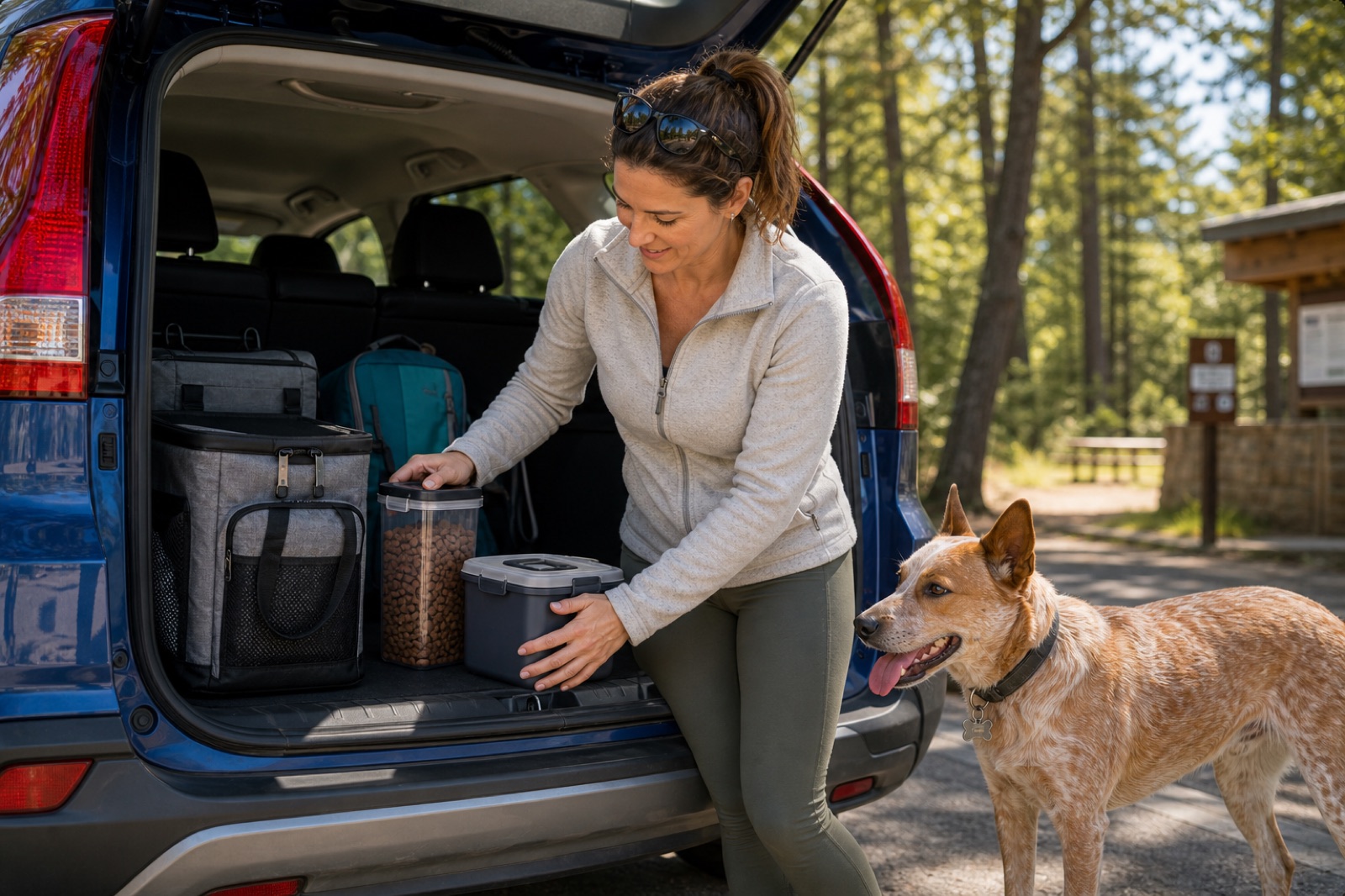 Dog owner packing dog food containers beside an SUV before a road trip