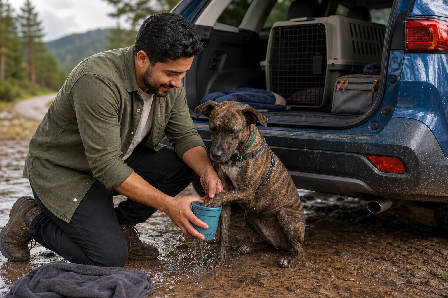 Dog owner cleaning a brindle dog's muddy paw with a portable paw washer beside an SUV at a wet trailhead
