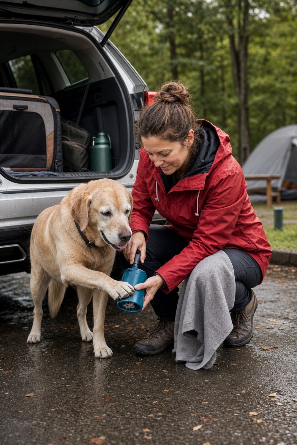Woman in a red rain jacket cleaning a senior yellow Labrador's paw with a portable paw washer beside a hatchback at a damp campground