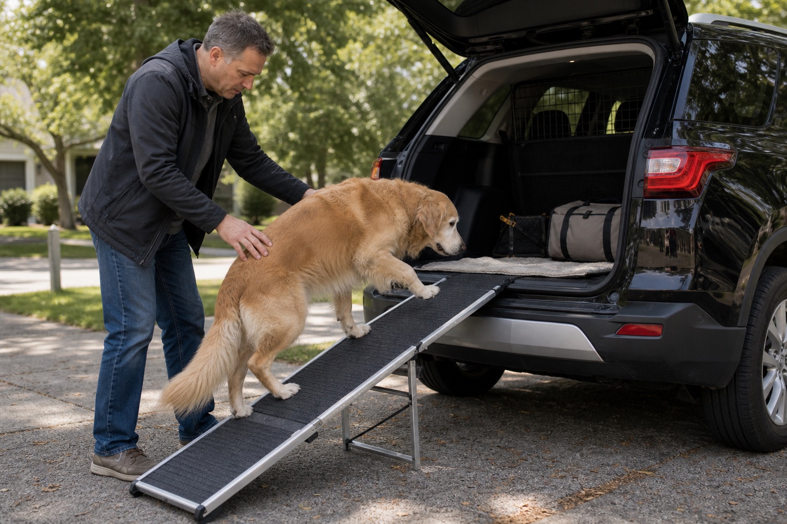 Dog owner guiding a senior dog up a folding ramp into the back of an SUV