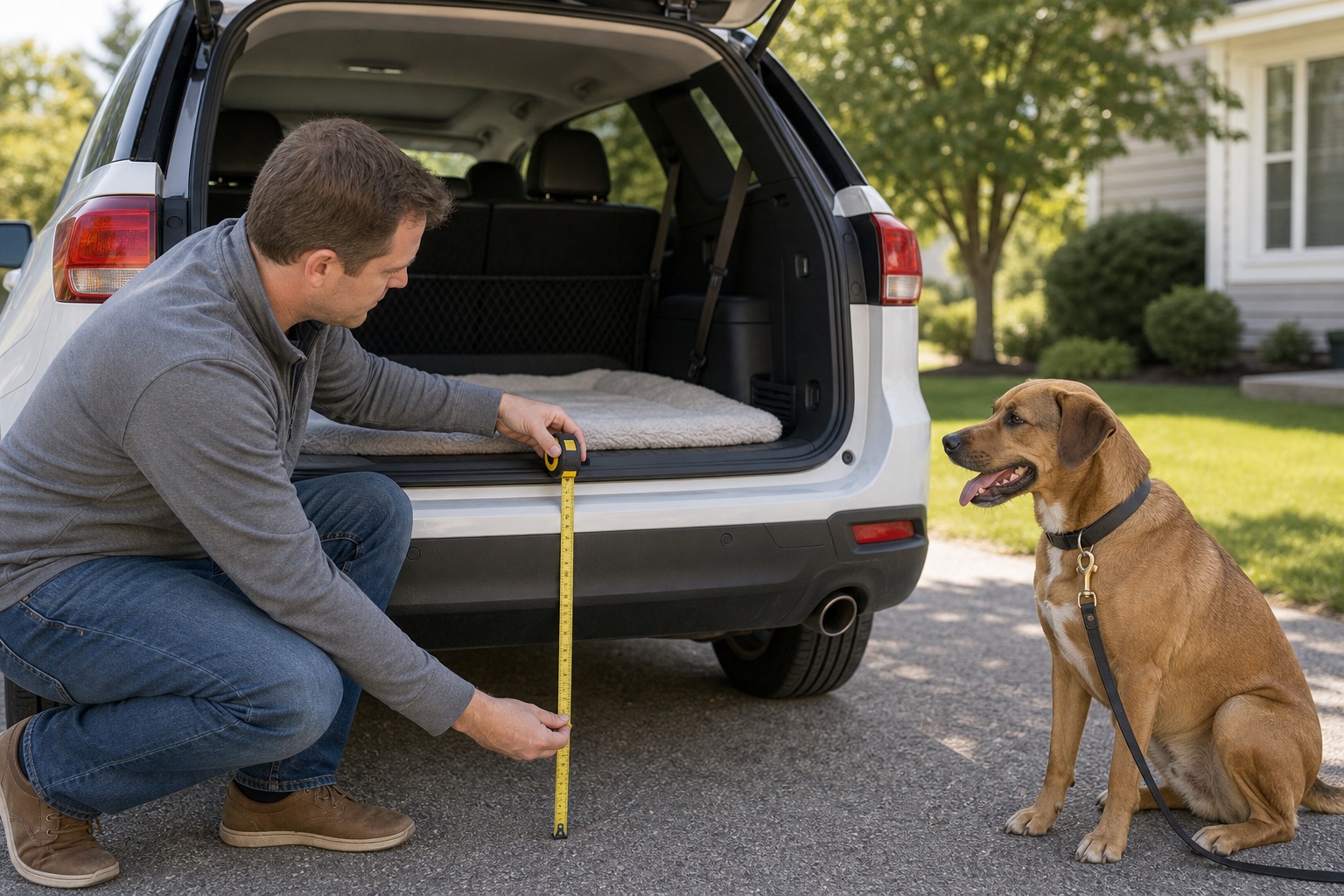 Dog owner measuring SUV cargo height before choosing a dog ramp while a medium brown dog waits nearby