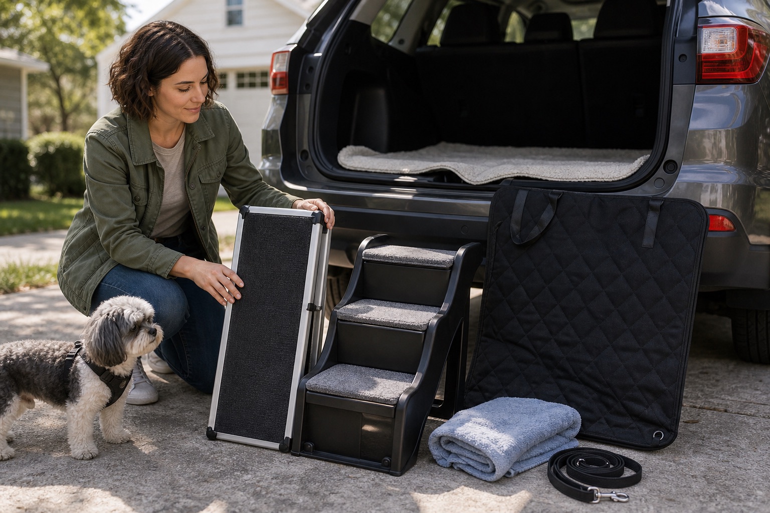 Dog ramp, compact dog steps, towel, leash, and cargo liner arranged beside an open SUV while a dog owner compares gear