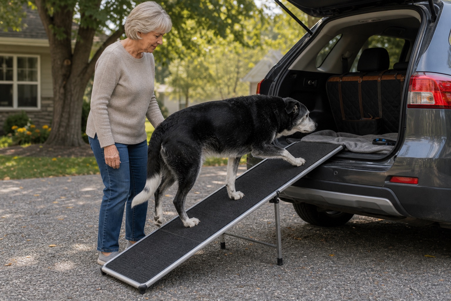 Older woman standing beside a wide non-slip dog ramp while a senior black and white dog walks toward an SUV