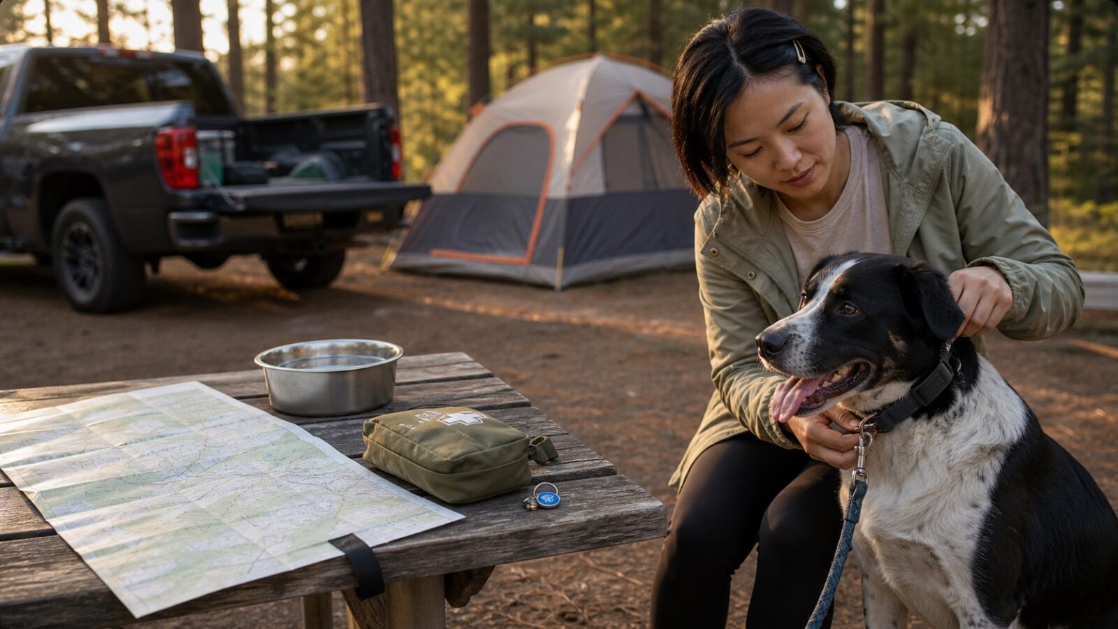 Dog owner clipping a leash to a dog wearing a tracker-style collar at a campsite