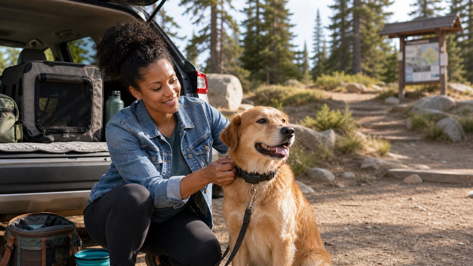 Dog owner adjusting a GPS-style collar on a calm dog beside an SUV at a forest trailhead