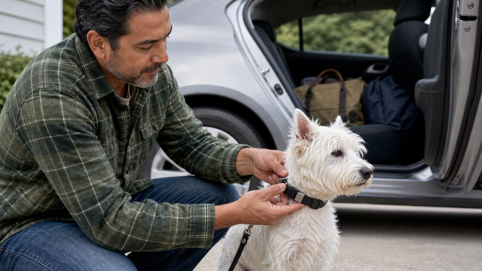 Dog owner checking a GPS-style collar on a small dog beside an open car door