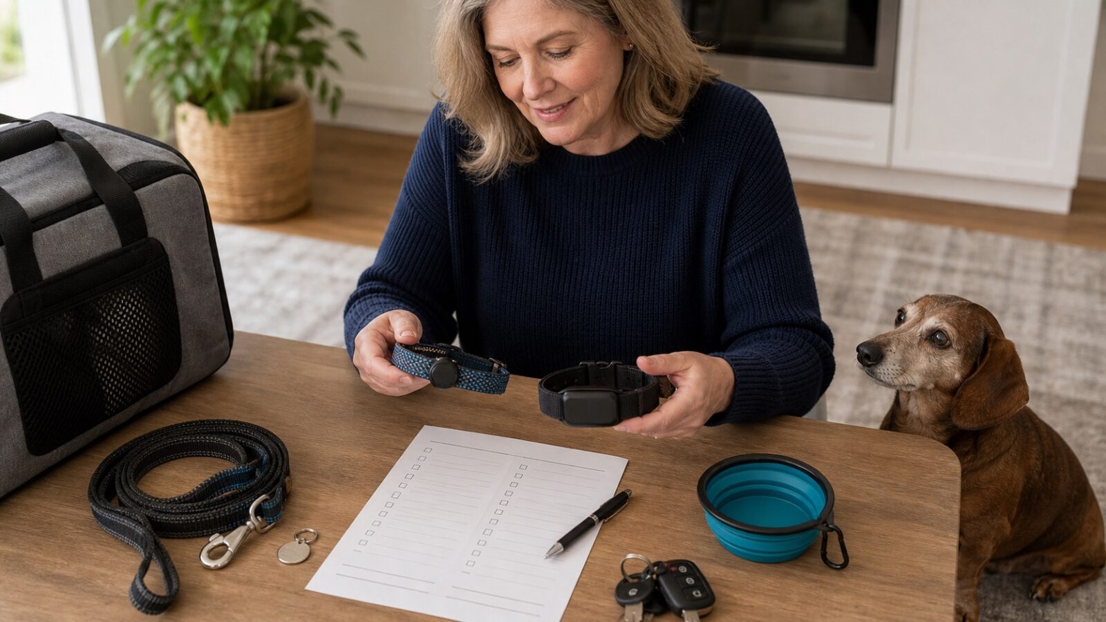 Dog owner comparing a small tag holder and a larger GPS-style tracker before packing for a trip